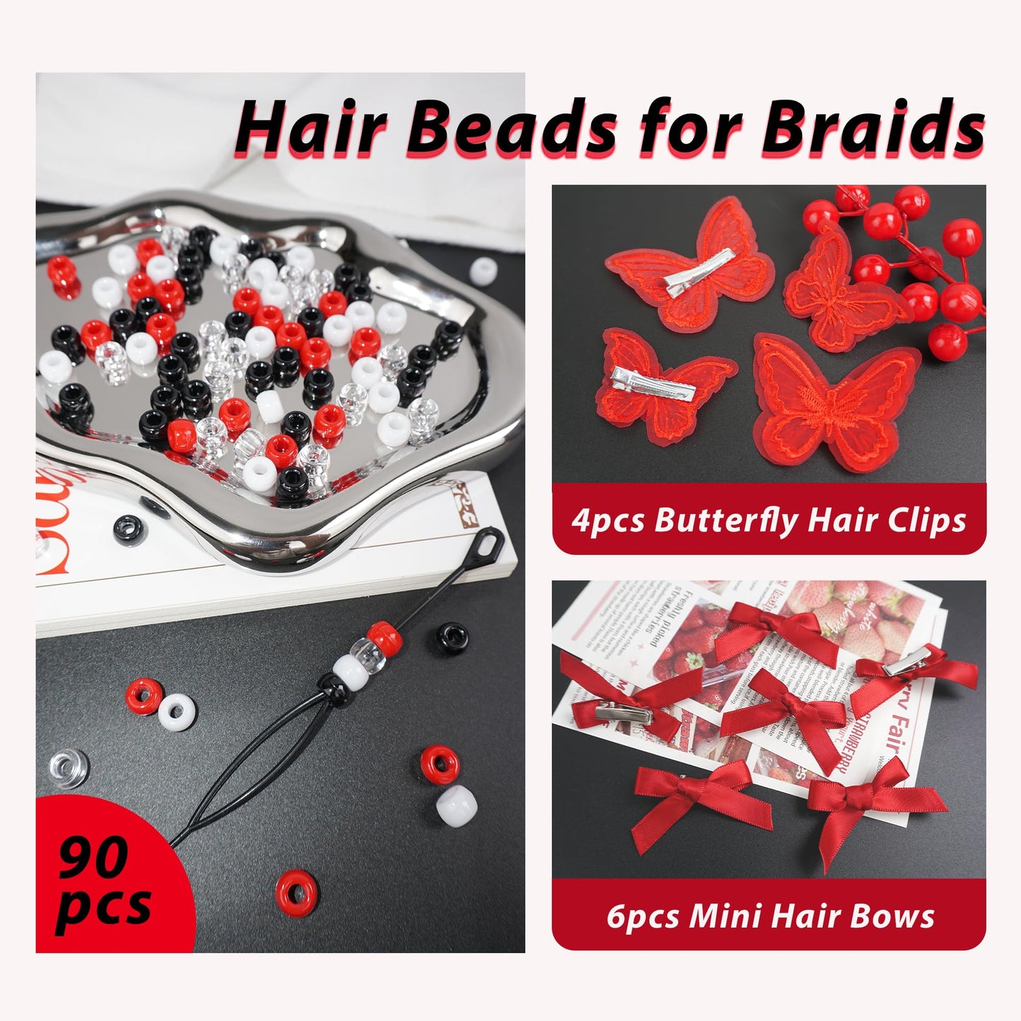 Arocooy 100PCS Hair Beads for Braids Coquette Red Bow Hair Clips Embroidery Butterfly Hair Clips Black Loc Dreadlock Beads Cute Hair Decoration for Girls Women