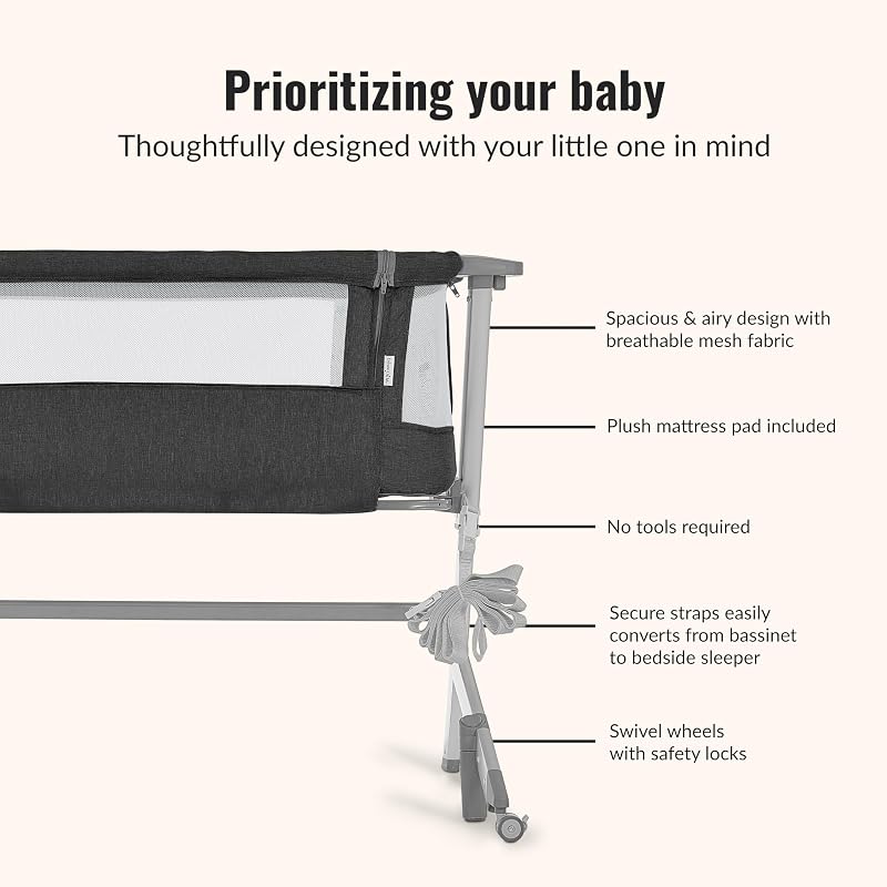 Dream On Me Skylar Bassinet & Bedside Sleeper - Black, Adjustable Height