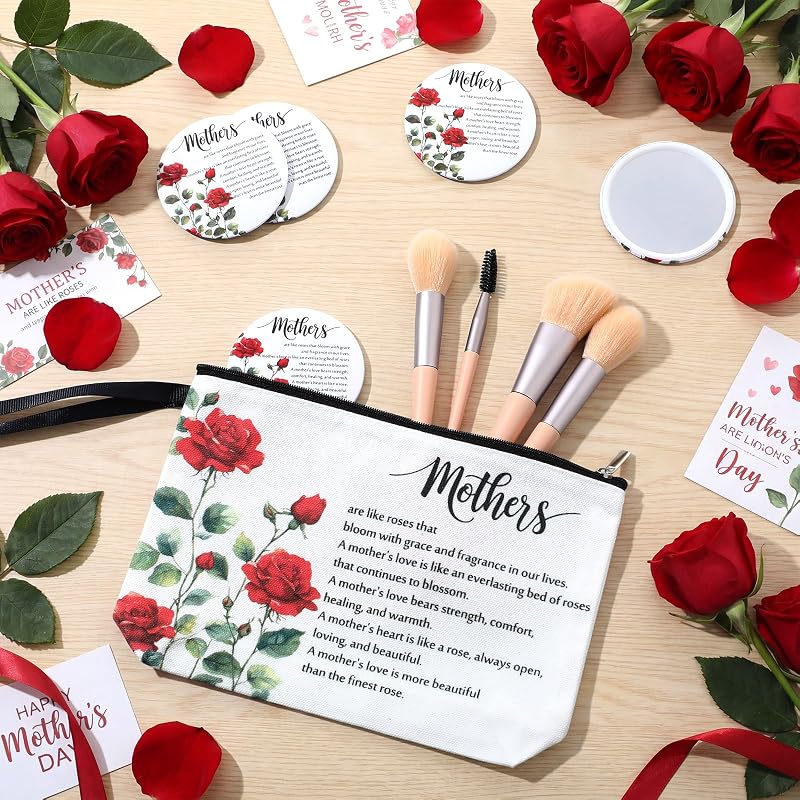 10pc Mother's Day Gift Set: Red Rose Cosmetic Bags & Inspirational Compact Mirrors
