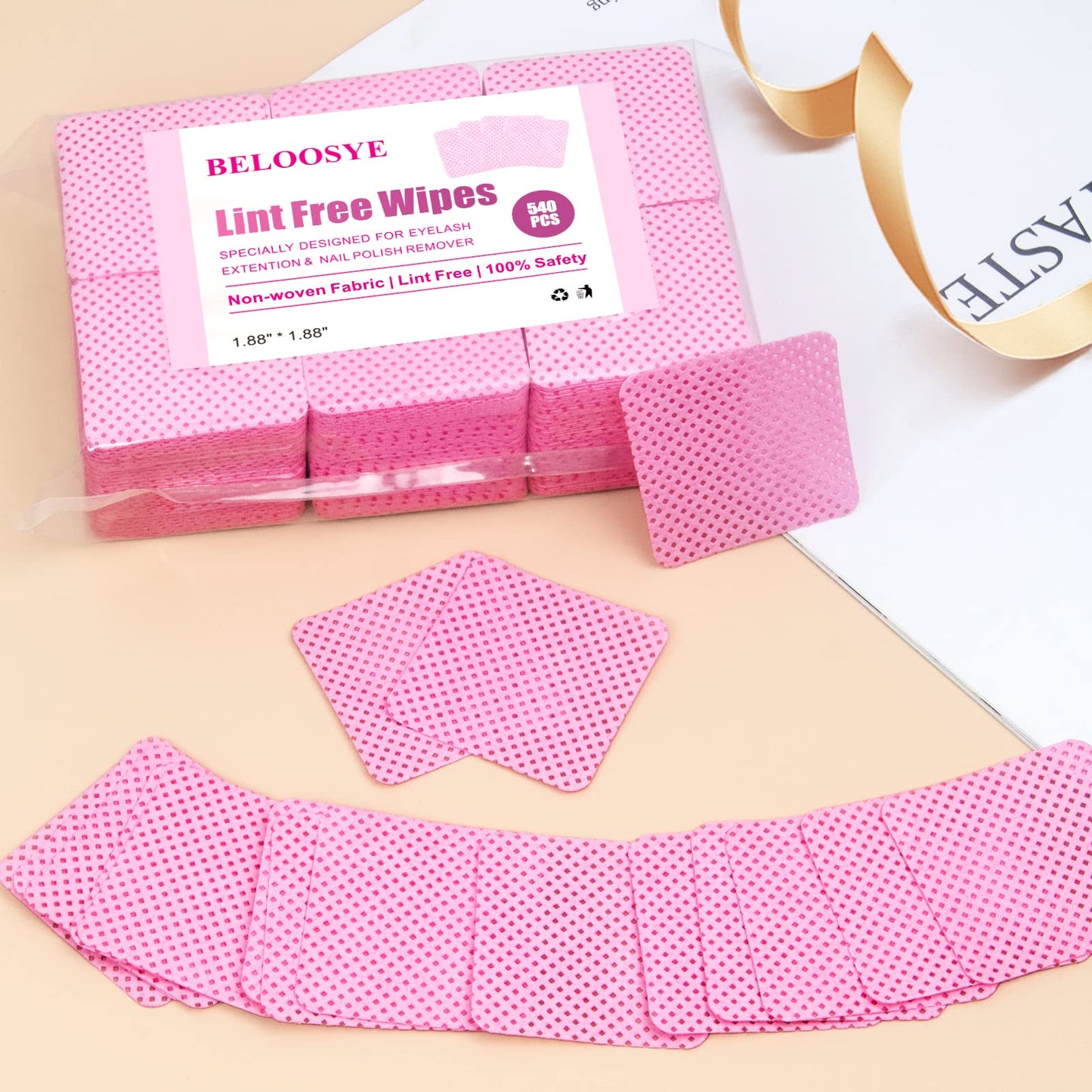 540 PCS Lint Free Nail Wipes, Eyelash Extension Glue Wipes, Super Absorbent Soft Non-woven Fabric Nail Polish Remover Wipes, Cleaning Pad Cloth for Lash Extension Supplies & Nail Polish Bottle(Pink)
