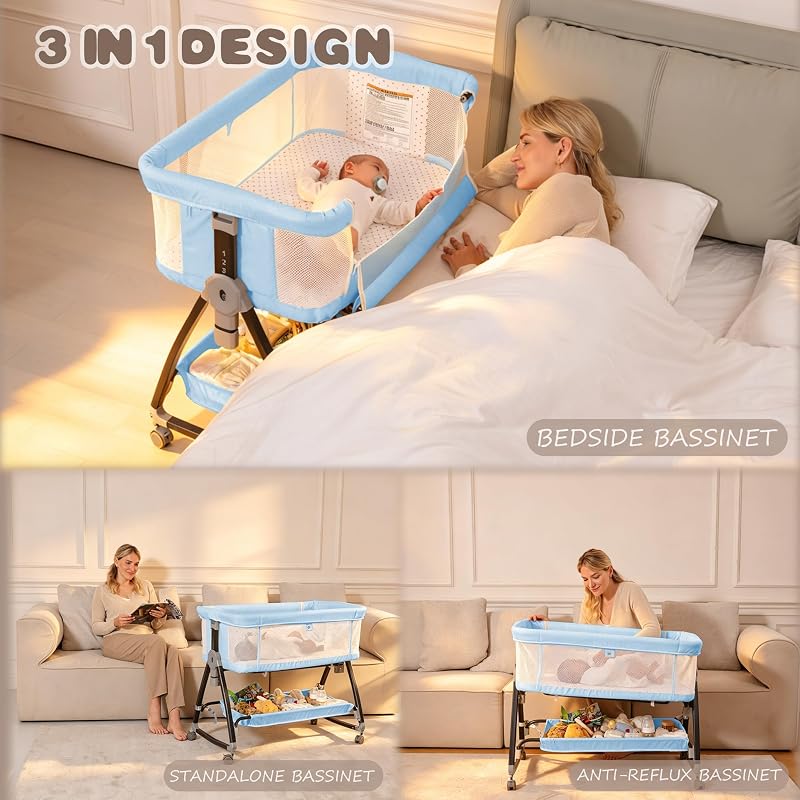 Feelogos Baby Bassinet Bedside Sleeper with Mattress, 6-Height Adjustable Co-Sleeper with Mesh, Storage - Blue