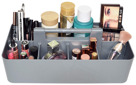 New Plastic Portable Makeup Organizer Caddy Tote Divided Basket Bin with Handle, for Bathroom Storage - Holds Blush Makeup Brushes, Made In USA (Orion Gray)