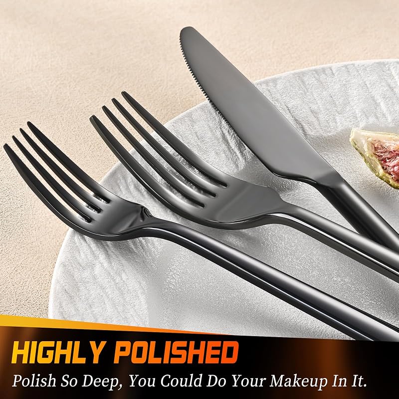 40-Piece Black Flatware Set for 8 - Heavy-Duty 18/0 Stainless Steel Silverware with Round Handles - Mirror Polished & Dishwasher Safe - Variation: Black+40