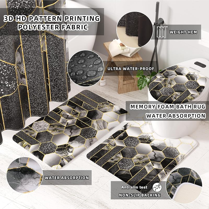 Bathroom Set 26-Piece with Shower Curtain and Rugs, Black & Gold – Variation Bath Set+Shower Curtain+Bath Rugs+Black&Gold