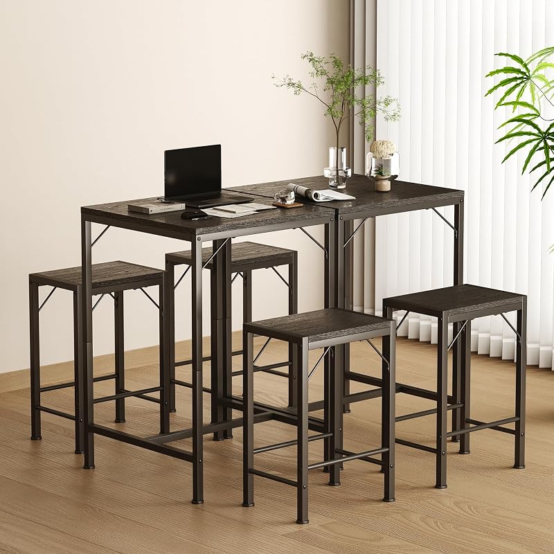 Homeiju Black Bar Table & 2 Stools Set – 23.6” Square, Space-Saving Pub Set