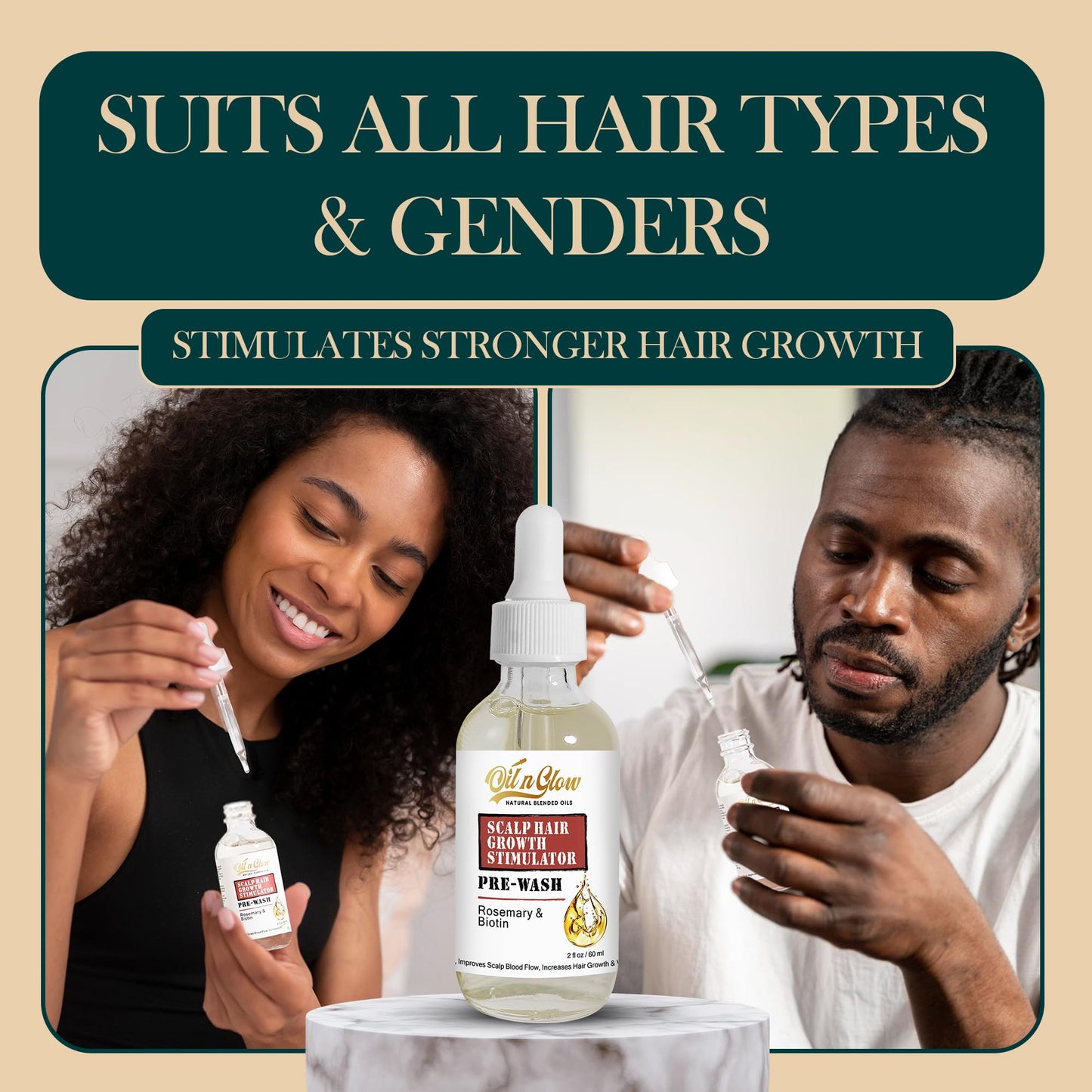 OilnGlow USDA Certified Natural Pre-Wash Scalp and Hair Treatment Oil with Organic Rosemary Oil & Biotin for Hair Growth, Pre-Shampoo Growth Stimulator Serum for Thinning Hair Loss - 2 Fl Oz