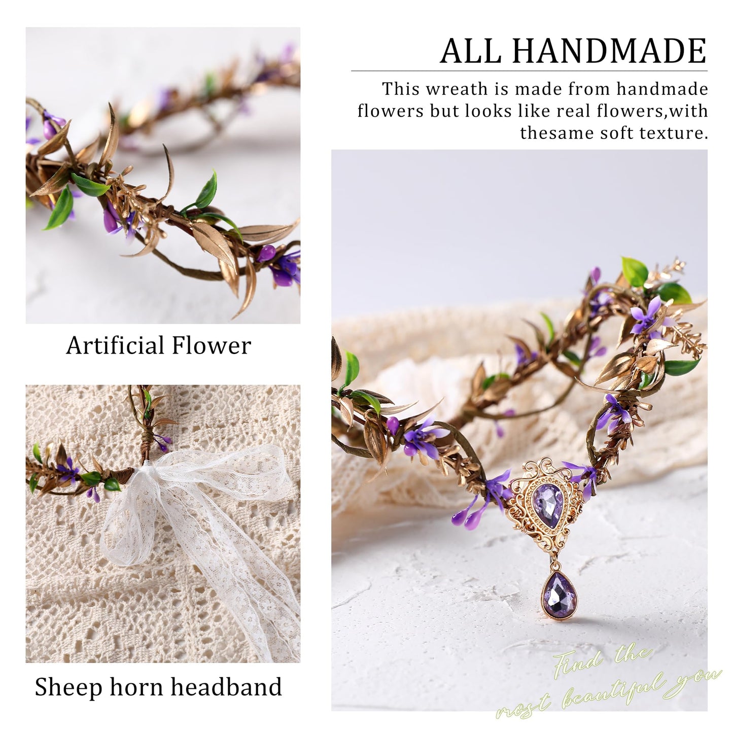 MOSTORY Purple Elf Flower Crown - Handmade Woodland Elf Headpiece Forest Fairy Crown Floral Circlet for Women Girls Cosplay Party Renaissance Marid Gras Photo Shoot