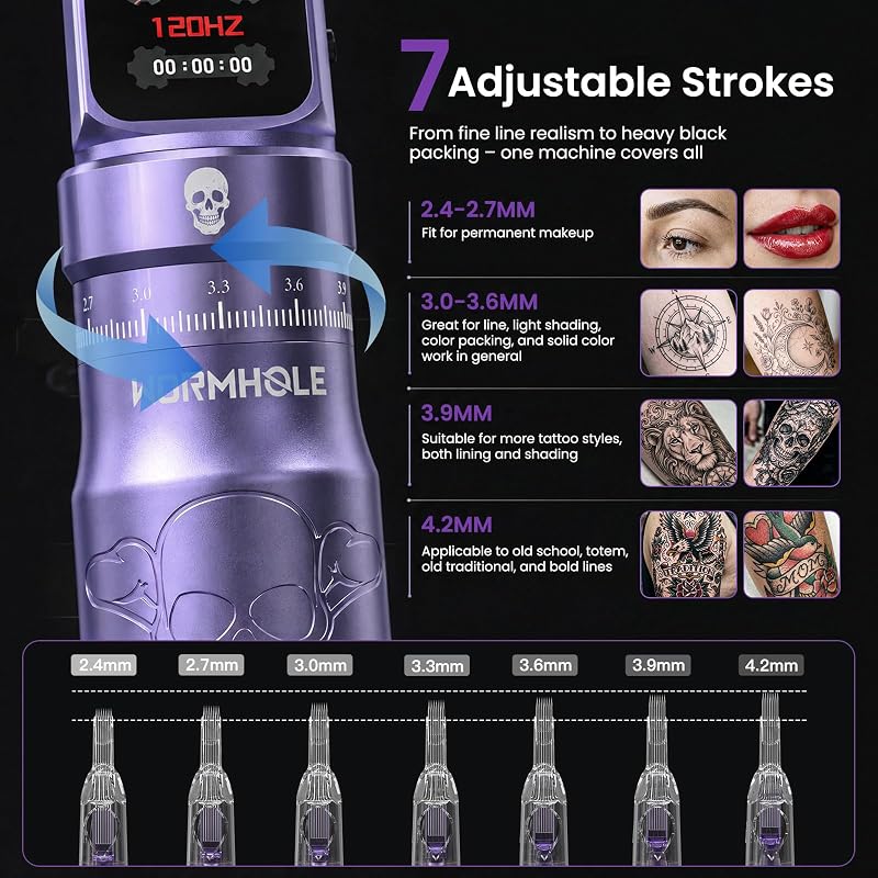 Wormhole Wireless Tattoo Gun Kit with Skull Pattern - Lining & Shading, Two Purple (WTK0295) - 7 Stroke Adjustable