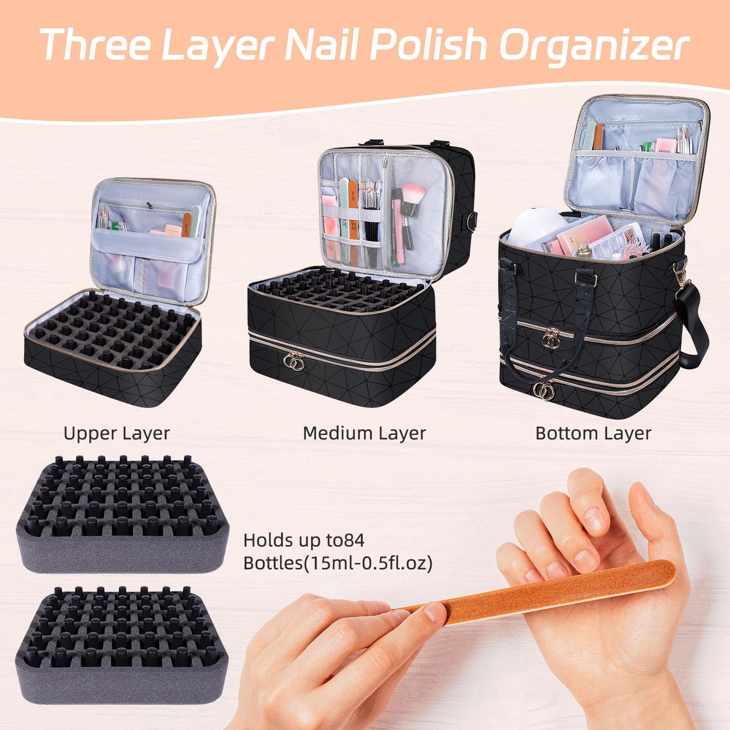Nail Polish Organizer Case,3 Layer Nail Polish Organizer Bag Holds 84 Bottles (15ml/0.5 fl.oz) Nail Supplies Organizer,Nail Bag PU Leather Nail Carrying Nail Kit Supplies Organizer Case (Black)