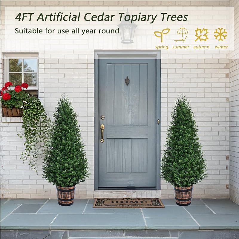 4FT Set of Artificial Cedar Topiary Trees in Barrel Planter – Outdoor/Indoor Faux Pine Shrubs