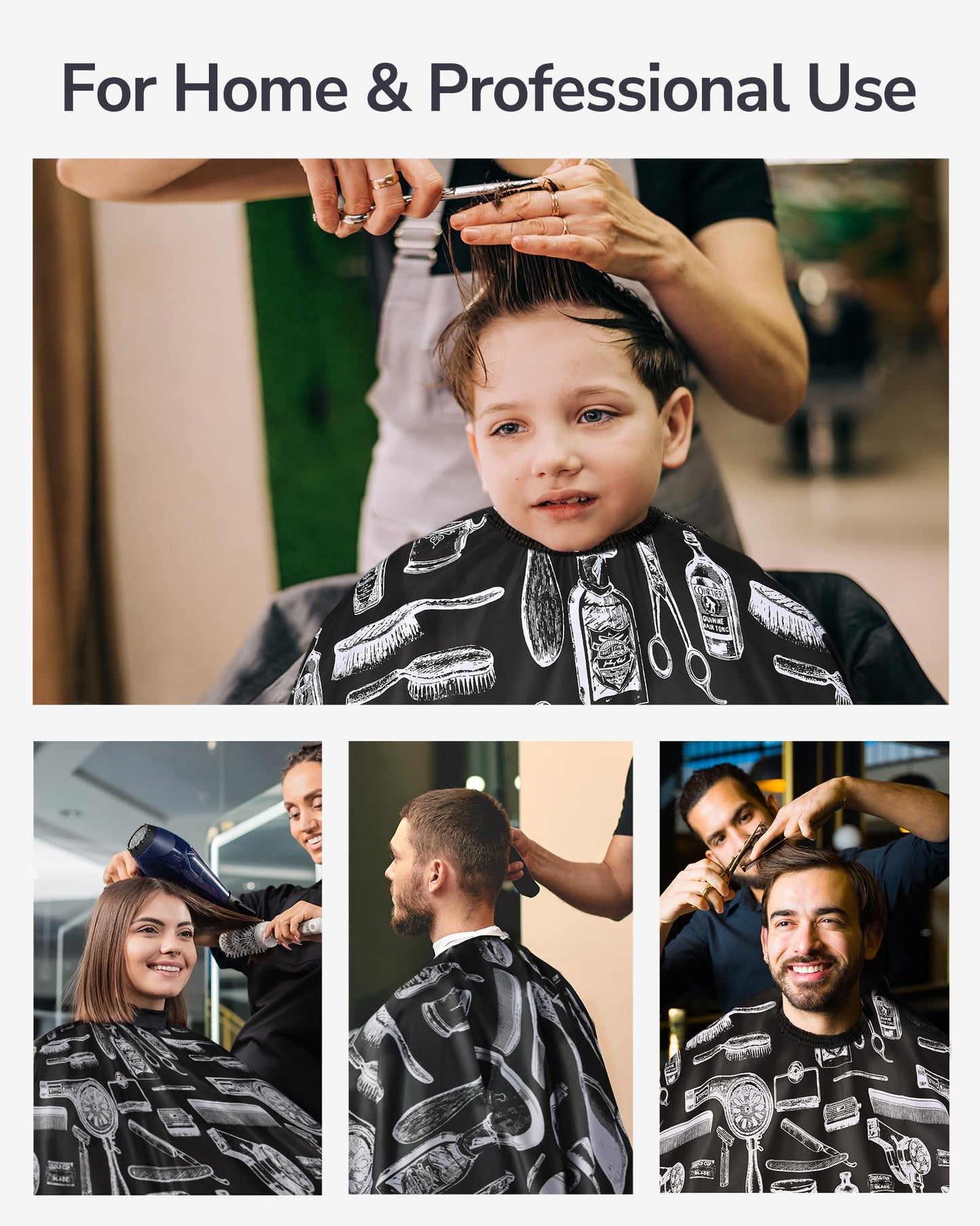 ULG Professional Hair Cutting Cape with Neck Duster Brush Waterproof Extra Large Size Salon Barber Cape Haircut Cape for Men Women and Kids, 57”×72” Full Body Coverage, Black with White Printing