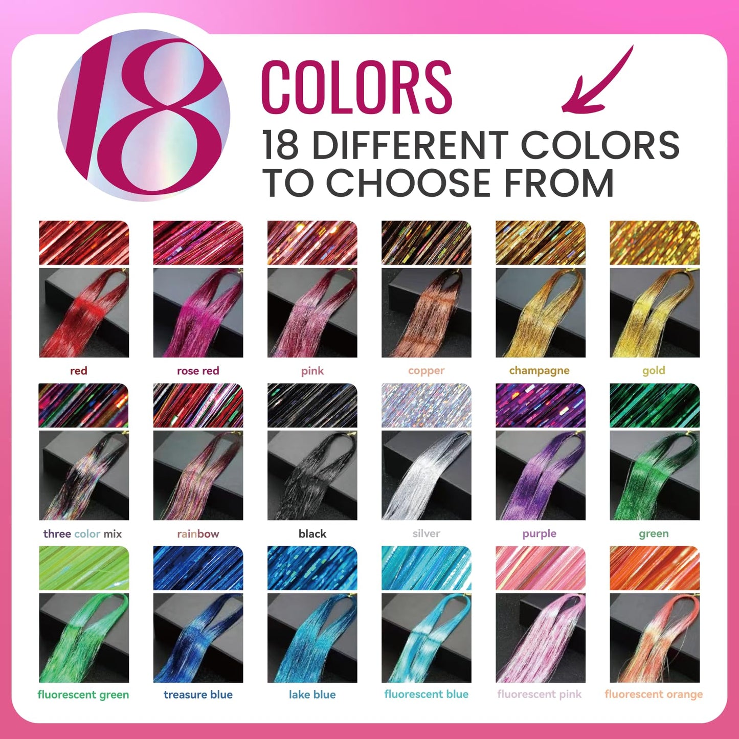 NIACONN Glitter Hair Tinsel Extensions Kit 18 Colors with Tools and Beads, 48 Inch Sparkly Fairy Colorful Tensile Strands Shiny Hair Accessories for Women Girls Kids