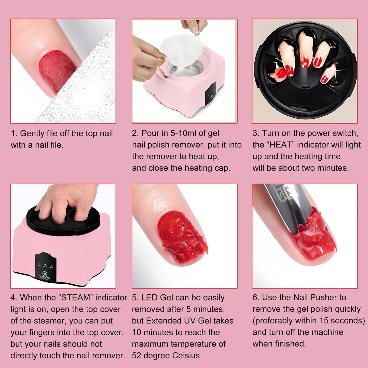 JOJOCOSMO Upgraded Electric Steam Nail Polish Remover Machine, 36 Watt Portable Automatic Gel Nail Polish Remover with UV Varnish Removal for Home and Salon Use, New Pink