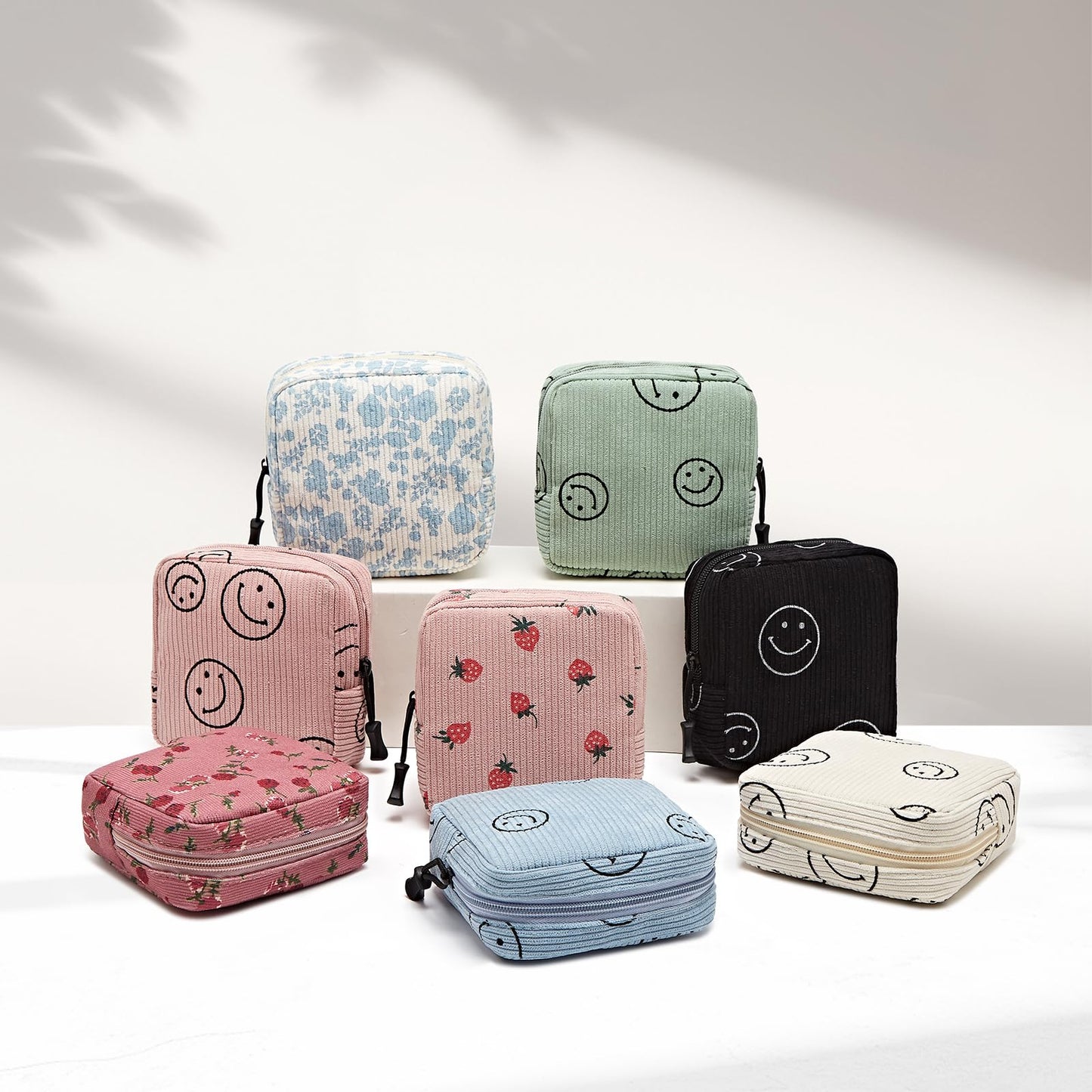 ZOEMTIU Small Makeup Bag for Purse,Mini Cosmetics Bag cute Zipper corduroy Cosmetic Pouch Storage Pouch Travel Toiletry Organizer for Women Girls(Smiley Face,Blue)