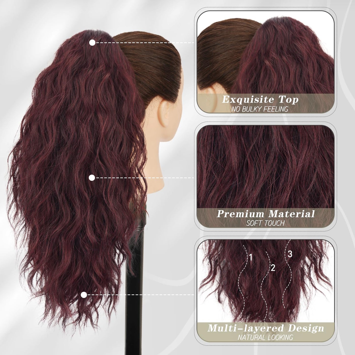 BARSDAR Red Ponytail Extension - 18 Inch Claw Clip Ponytail Hair Extensions for Women - Curly Wavy Multi Layered Synthetic Clip in Ponytail Hairpieces Daily Party Halloween - Dark Burgundy