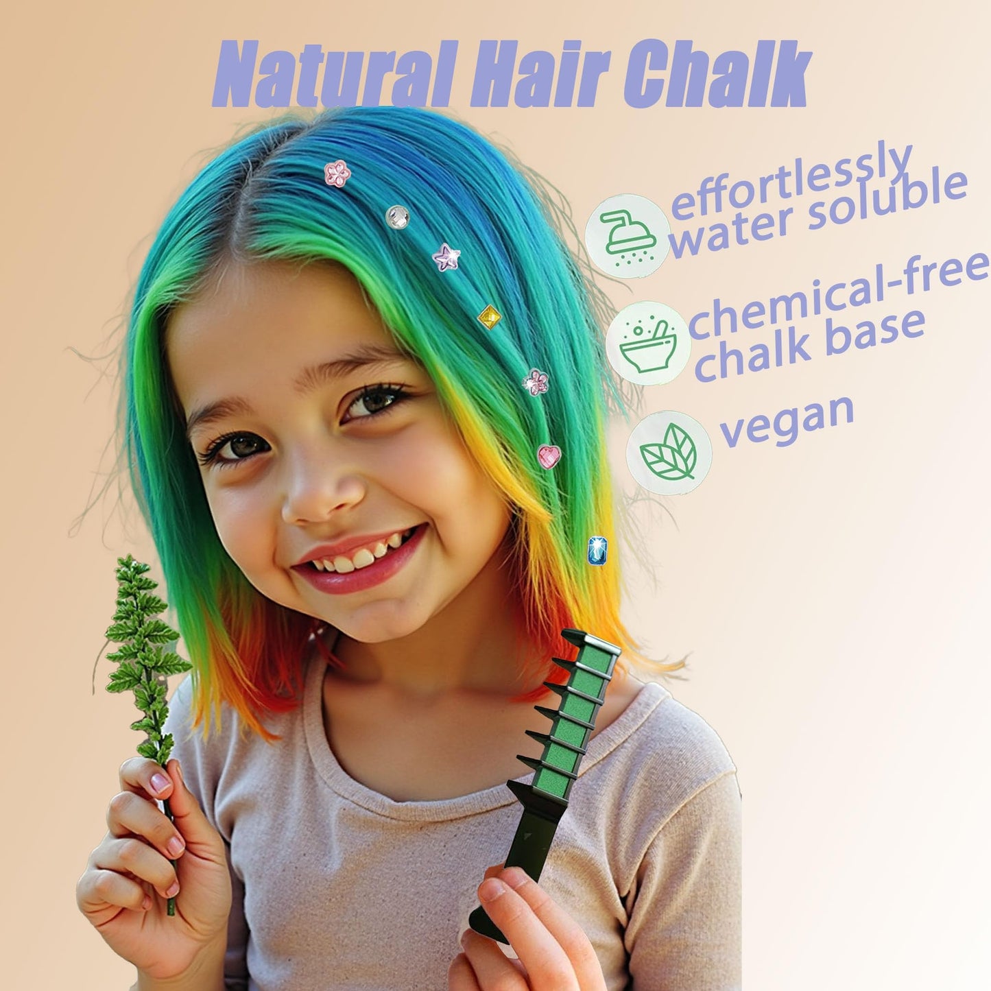 Hair Gem Stamper Kit with Reusable Bling Jewels & Washable Chalk - Girls Hair Styling Toys, Creative DIY Accessories, Birthday Gifts for Ages 5-12 (Light Hair Friendly)