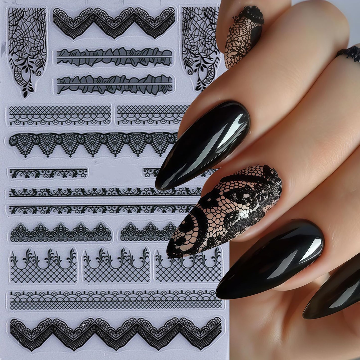 4 Sheets Lace Nail Art Stickers Black Flower Lace Nail Decals Self Adhesive 5D Micro Embossed Lace Flower French Tips Nail Designs Pegatinas Uñas Nail Supplies for Women DIY Acrylic Nails Decoration