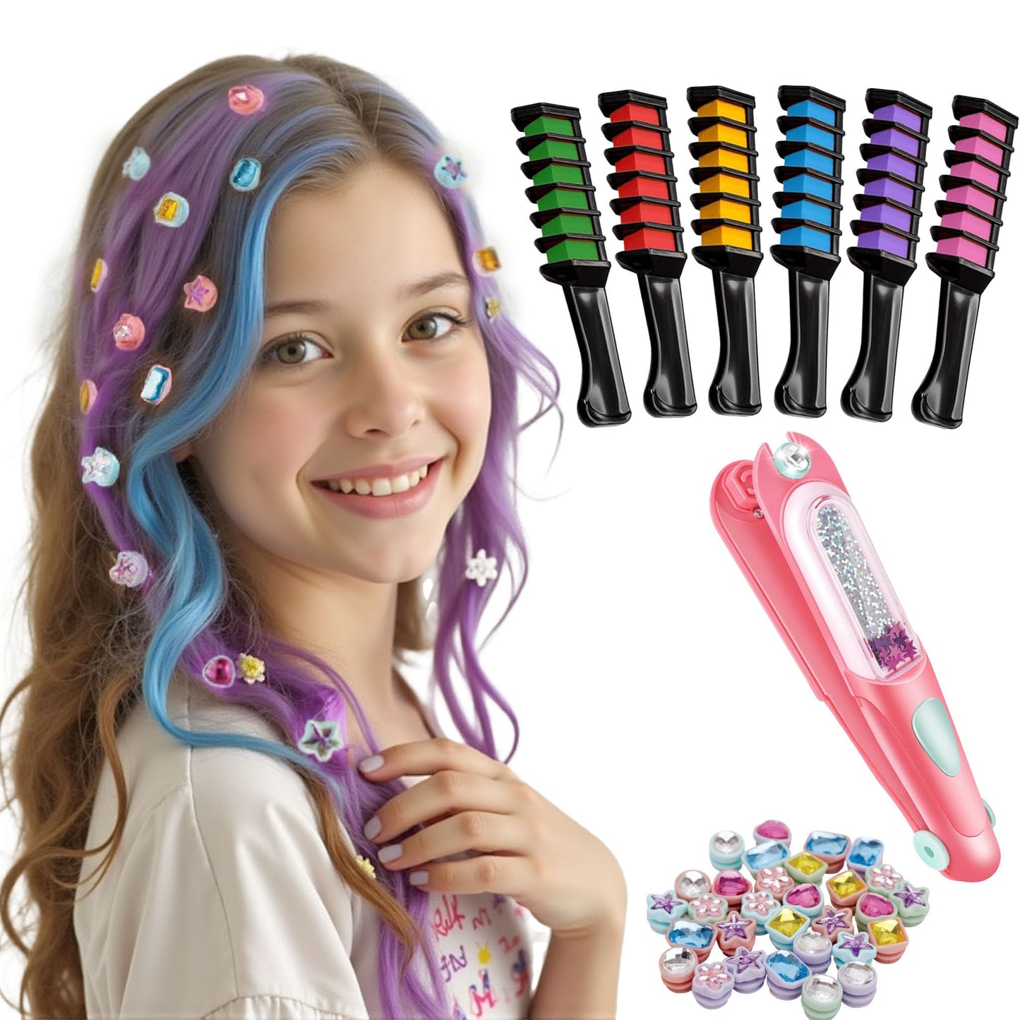 Hair Gem Stamper Kit with Reusable Bling Jewels & Washable Chalk - Girls Hair Styling Toys, Creative DIY Accessories, Birthday Gifts for Ages 5-12 (Light Hair Friendly)