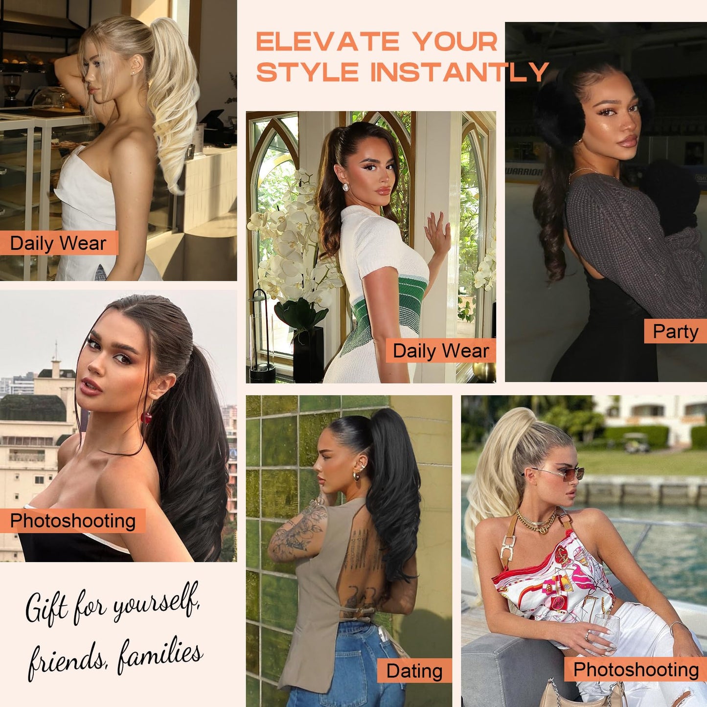 SEIKEA Ponytail Extension, 18" Wavy Claw Clip in Hair Extensions for Women, Lightweight Fluffy Synthetic Ponytail Hairpiece, Natural Soft & Easy to Wear, for Short & Medium Hair Choco-Brown/Highlight