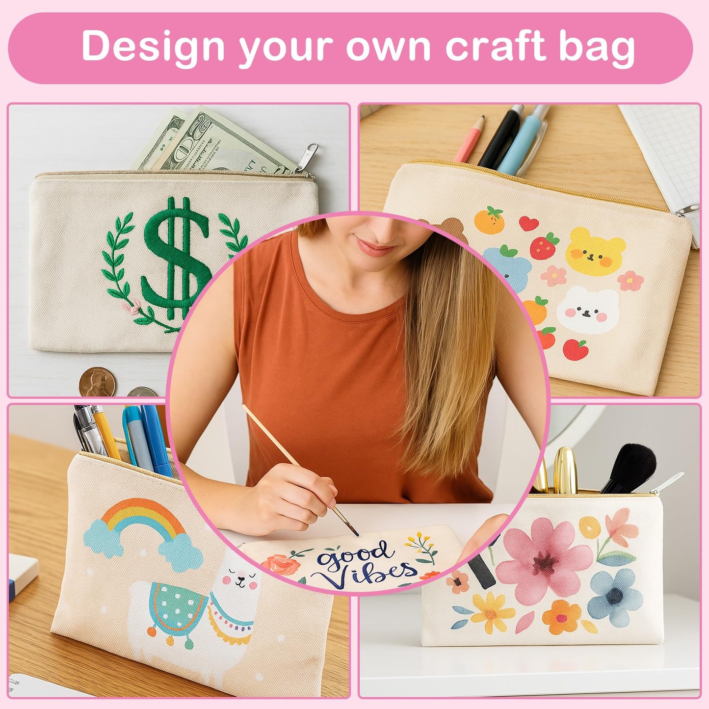 meekoo 16 Pack Canvas Blank Cosmetics Bags Plain Zipper Makeup Pouch Sublimation DIY Craft Multipurpose Toiletry Bag for Makeup Travel Cosmetic Stationary Storage(L,Beige)