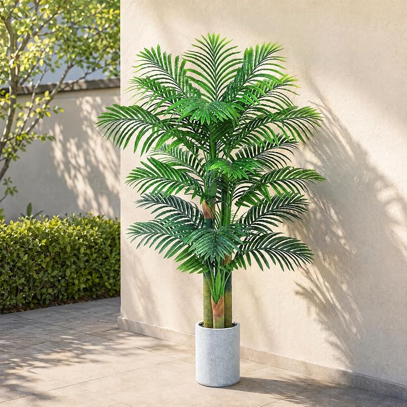 5FT Artificial Golden Cane Palm Tree with White Pot - UV Resistant, Indoor/Outdoor