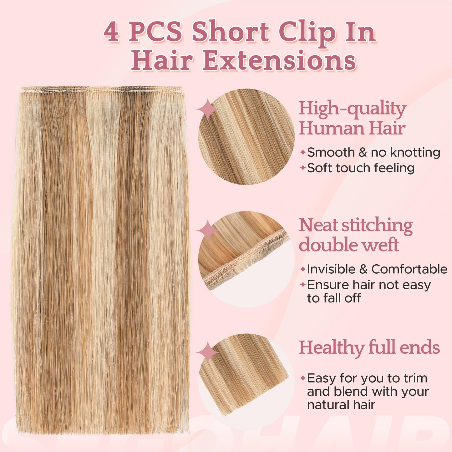 SEGO 4 Pcs Clip in Short Hair Volumizer Extensions Real Human Hair Natural Thick Hairpieces Toppers for Women With Thinning Hair Add Volume -#12P613 Golden Brown&Bleach Blonde