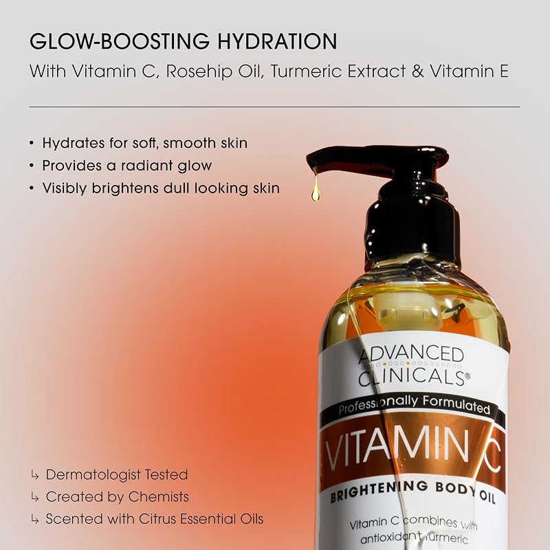 Vitamin C Body Oil 12 Fl Oz with Rosehip Oil & Vitamin E – Advanced Clinicals (Variation: Vitamin C Body Oil+12 Fl Oz)