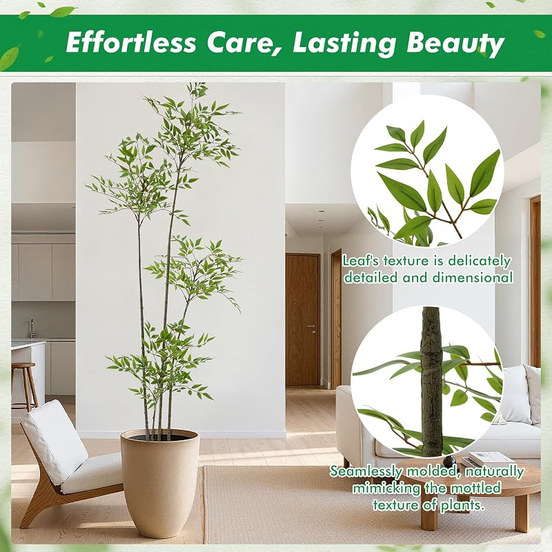 6ft Faux Bamboo Tree with Nandina, Green, with Pot — Variation Green+5ft 11in