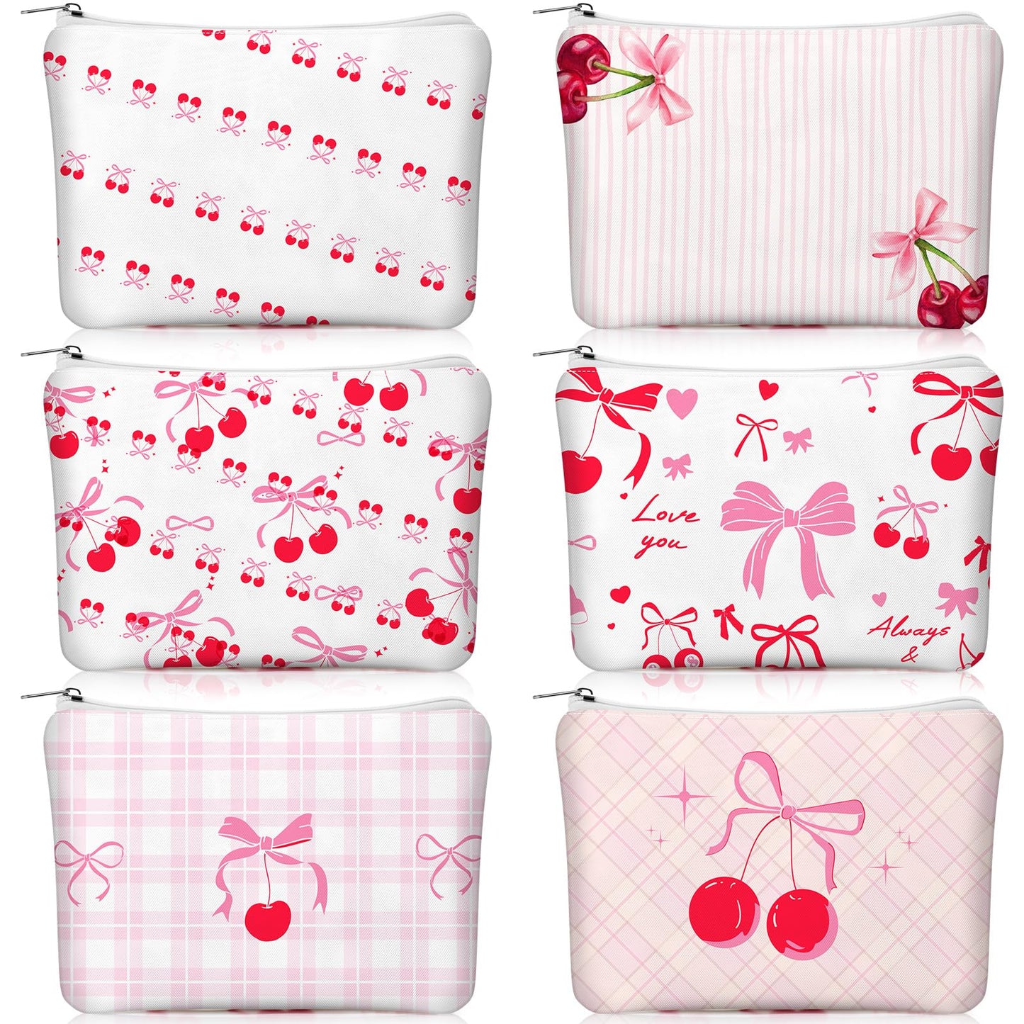 Kacctyen 6 Pcs Pink Cherry Bow Coquette Makeup Bag Cute Cherry Bow Canvas Cosmetic Bag for Women Girly Preppy Makeup Bag with Zipper Aesthetic Travel Stuff Small Pouch Gift for Birthday Party Favor