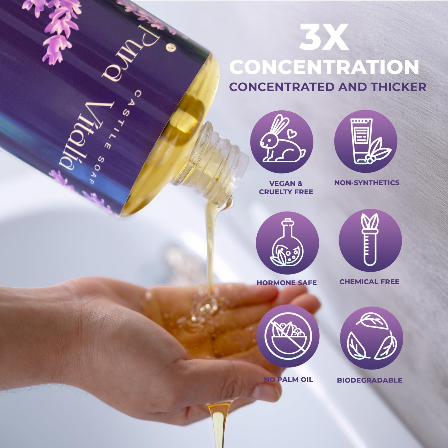 Pura Vitalia Lavender Organic Castile Soap | Body Wash & Cleanser for Face & Hands | Biodegradable, Eco-Friendly, Palm Oil Free, Vegan & Gentle | Made with 6 Natural Ingredients - 16 oz