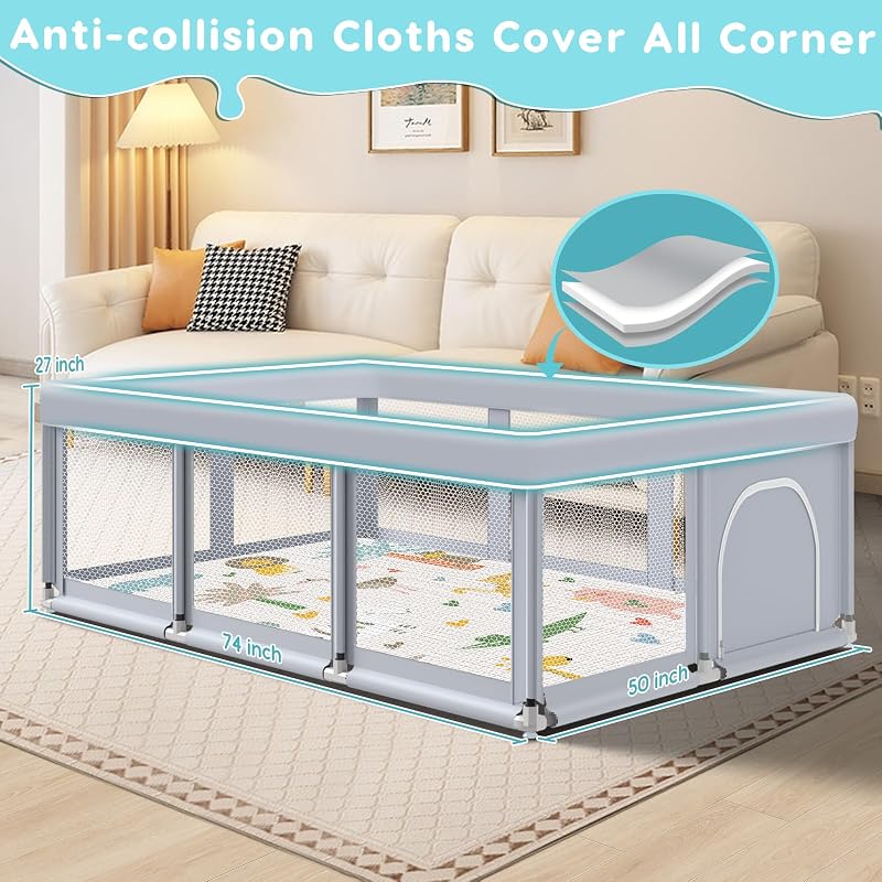 Fshibila 74 x 50 Inch Baby Playpen with Mat, Large Indoor/Outdoor Play Yard, Breathable Mesh Safety Fence, Grey