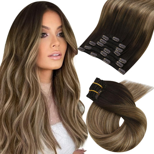 Moresoo Clip in Hair Extensions Real Human Hair Balayage Human Hair Clip in Extensions Ombre Dark Brown to Golden Brown with Dark Ash Blonde Hair Extensions for Women 7Pcs 120G 18inch