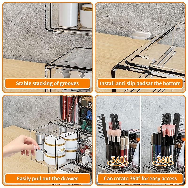 Clear Acrylic Makeup Organizer Set with Brush Holder – 2-in-1 Vanity Storage Box, 3 Pack