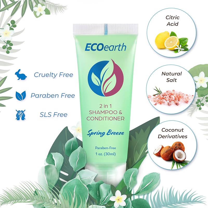 EcoEarth 1 Fl Oz Travel Size 2-in-1 Shampoo & Conditioner, 100-pk Spring Breeze – Hotel Amenities