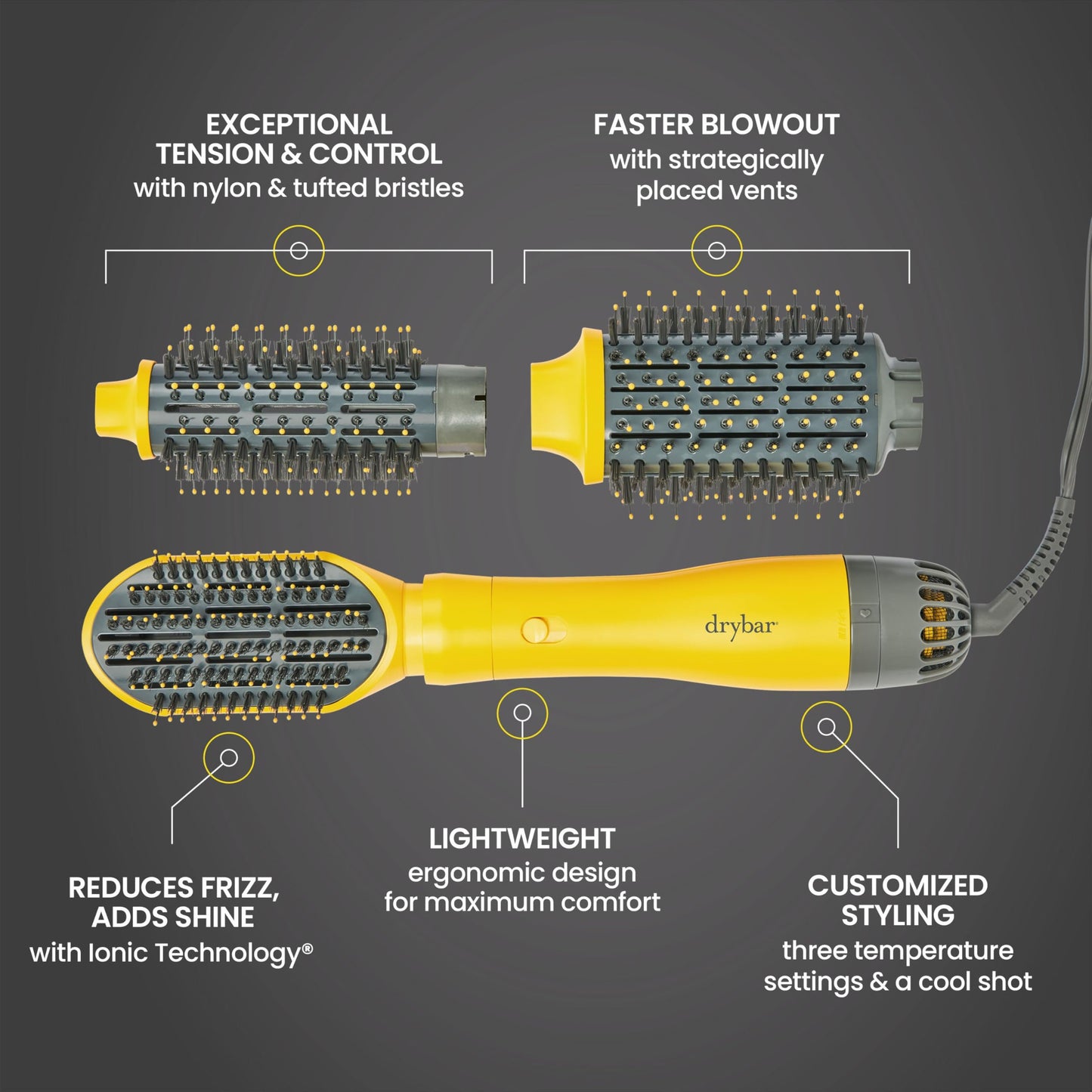 Drybar The Triple Shot Interchangeable Blow-Dryer Brush – Three Looks, One Hair Tool – Salon Styling Brush for Faster Blowouts