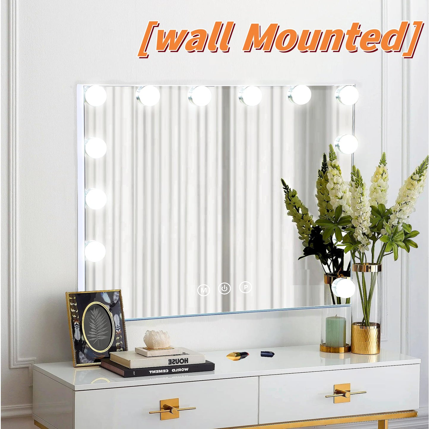 NUSVAN Vanity Mirror with Lights Lighted Makeup Mirror with Dimmable LED Bulbs,3 Color Lighting Modes,USB Charging Port Touch Control,Sturdy Metal Frame Design,White (50x40cm, 4.70)