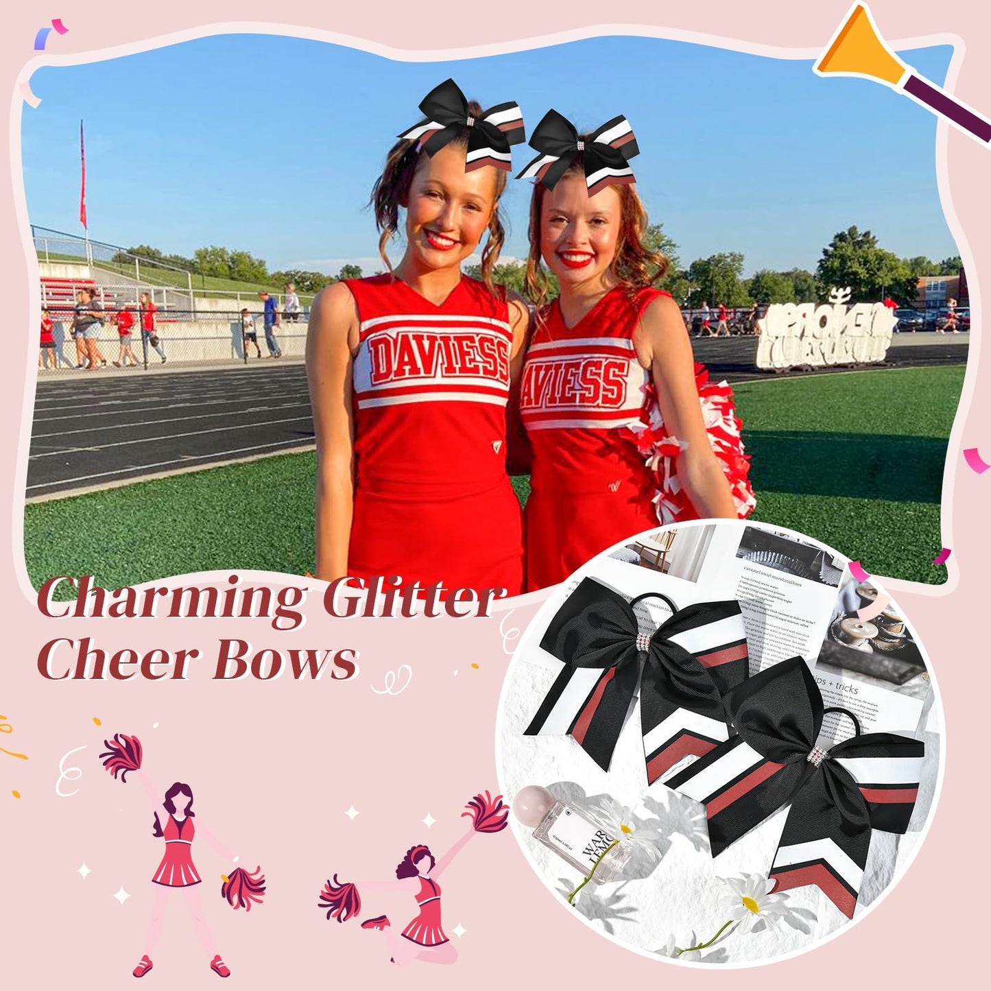 12PCS Cheer Bows Bulk Glitter Cheerleading Bows Girls Hair Bows Cheer Bows Elastic Band Ponytail Holder for Cheerleaders Teen Girls College Sports Competition