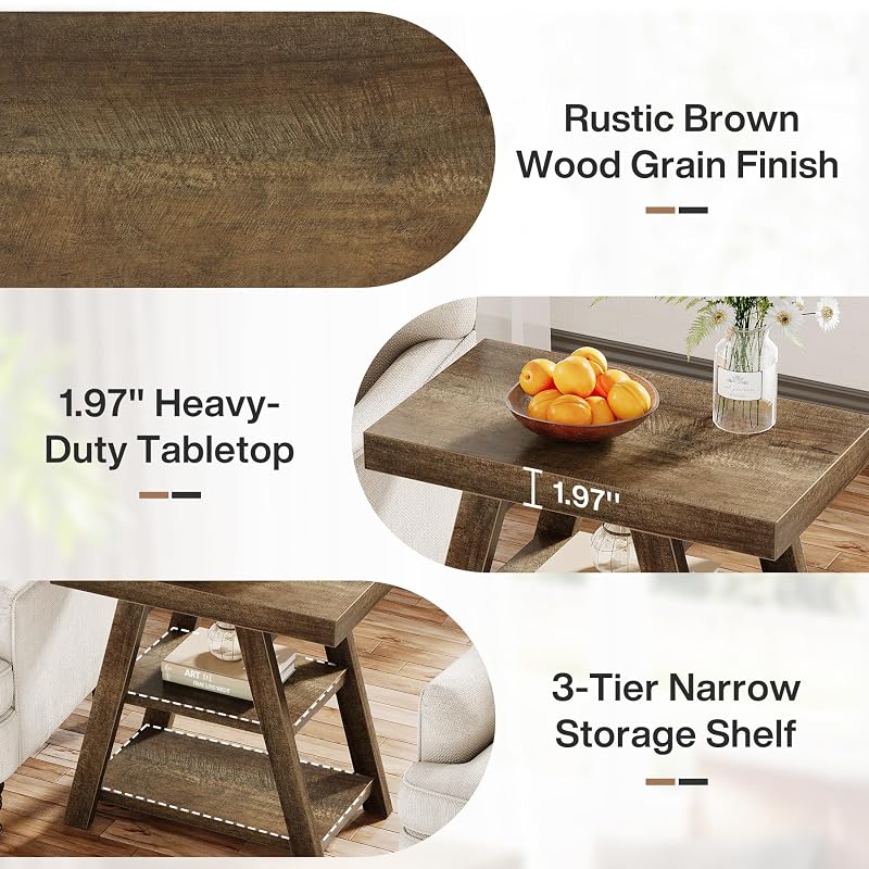 Tribesigns Distressed Brown 3-Tier End Table with Trapezoid Legs – Farmhouse Nightstand / Sofa Side Table
