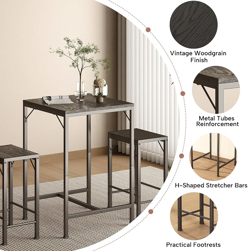 Homeiju Black Bar Table & 2 Stools Set – 23.6” Square, Space-Saving Pub Set