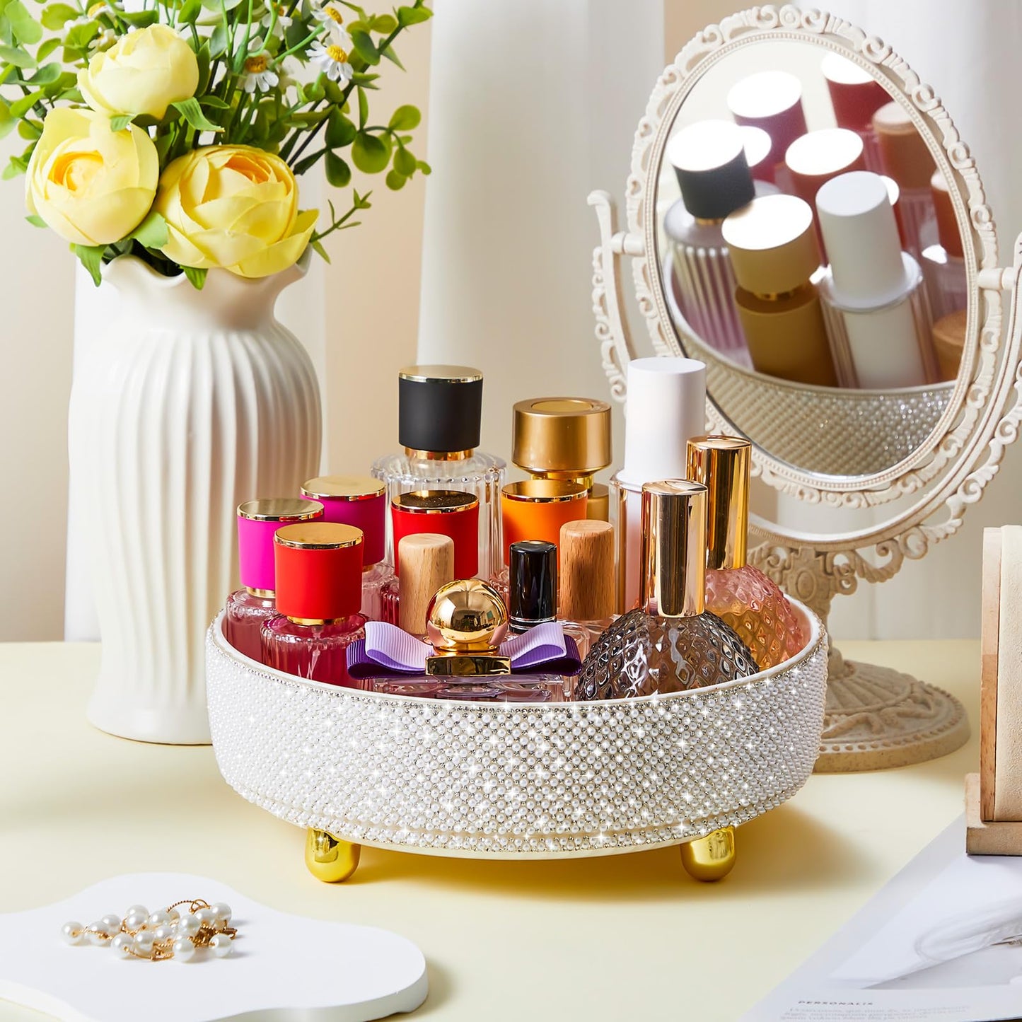 Honeydak Bling Perfume Makeup Organizer Rhinestone Bathroom Organizers and Storage 360 Rotating Makeup Organizer for Countertop Women Girls Essentials(White,Pearl)