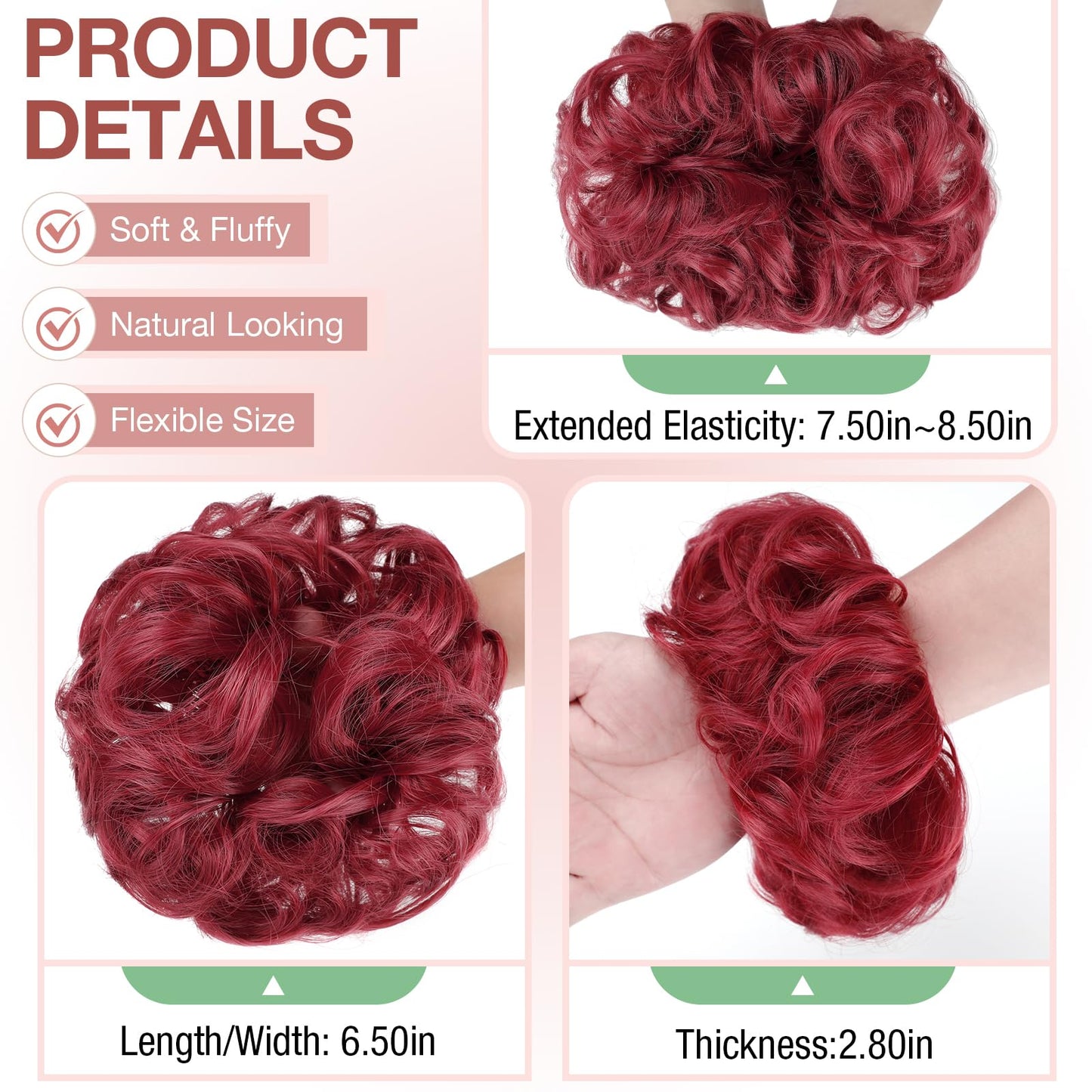 FELENDY 2PCS Messy Bun Hair Piece Large Wavy Curly Elastic Hair Bun Scrunchies Fluffy Thick Donut Chignon Hairpieces Updo Extensions Dark Red