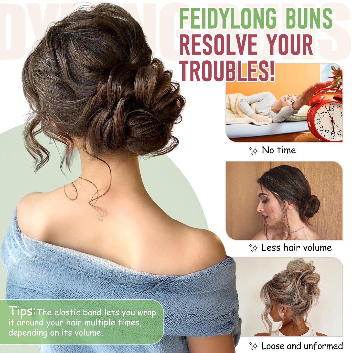 FeidyLong 2 PCS Messy Bun Hair Piece Wavy Curly Hair Bun Scrunchies Extensions Synthetic Chignon Thick Updo Hairpieces for Women Girls(Dark Brown)