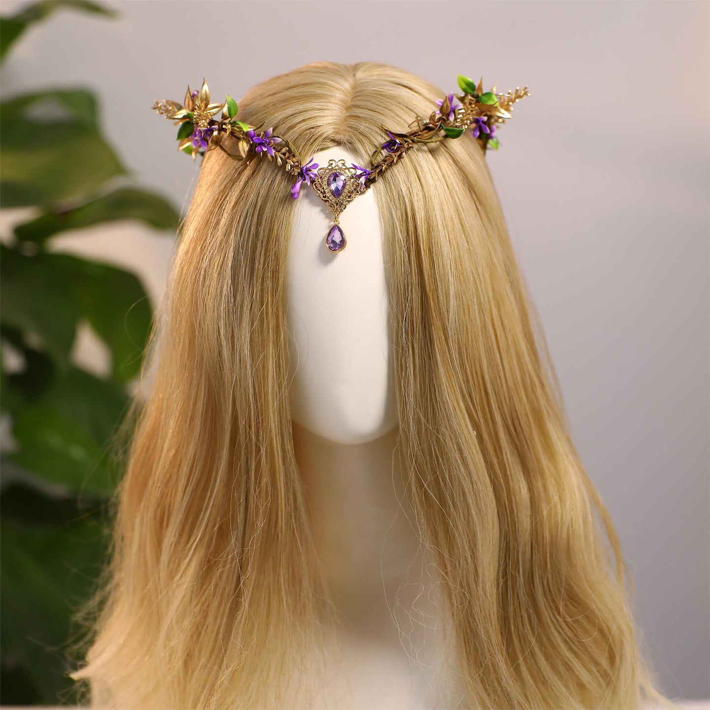 MOSTORY Purple Elf Flower Crown - Handmade Woodland Elf Headpiece Forest Fairy Crown Floral Circlet for Women Girls Cosplay Party Renaissance Marid Gras Photo Shoot