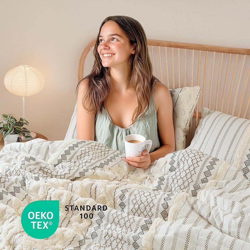 Imani King/Cal King Comforter Set for Bed – Ivory 3pc Cotton Chenille Tufted Boho, All-Season