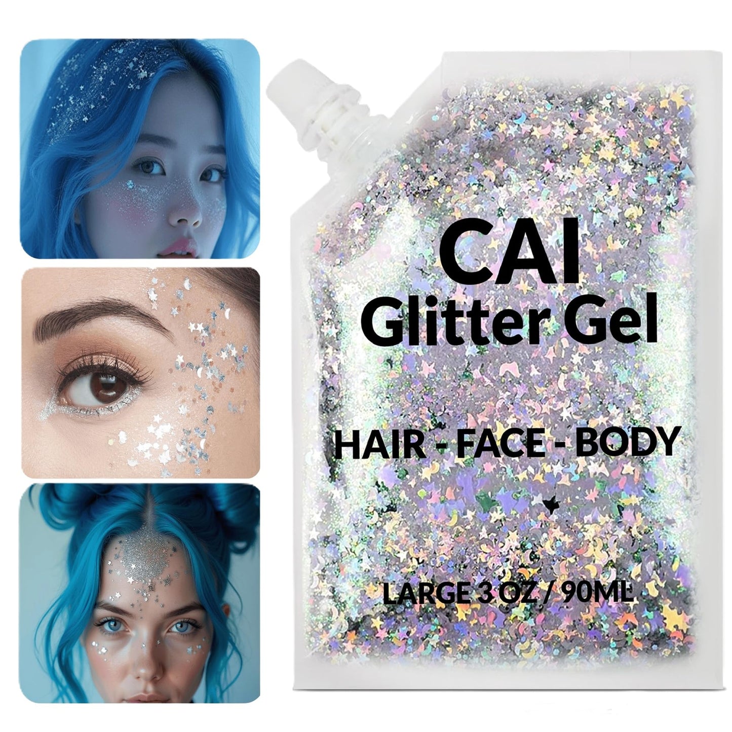 Face, Body & Hair Glitter Gel – Halloween Glitter for Kids and Women – 3 Oz Cosmetic-Grade Gel w/Moon & Stars for Festivals & Halloween Party, Easy Apply & Wash Off - Blue 2Pack