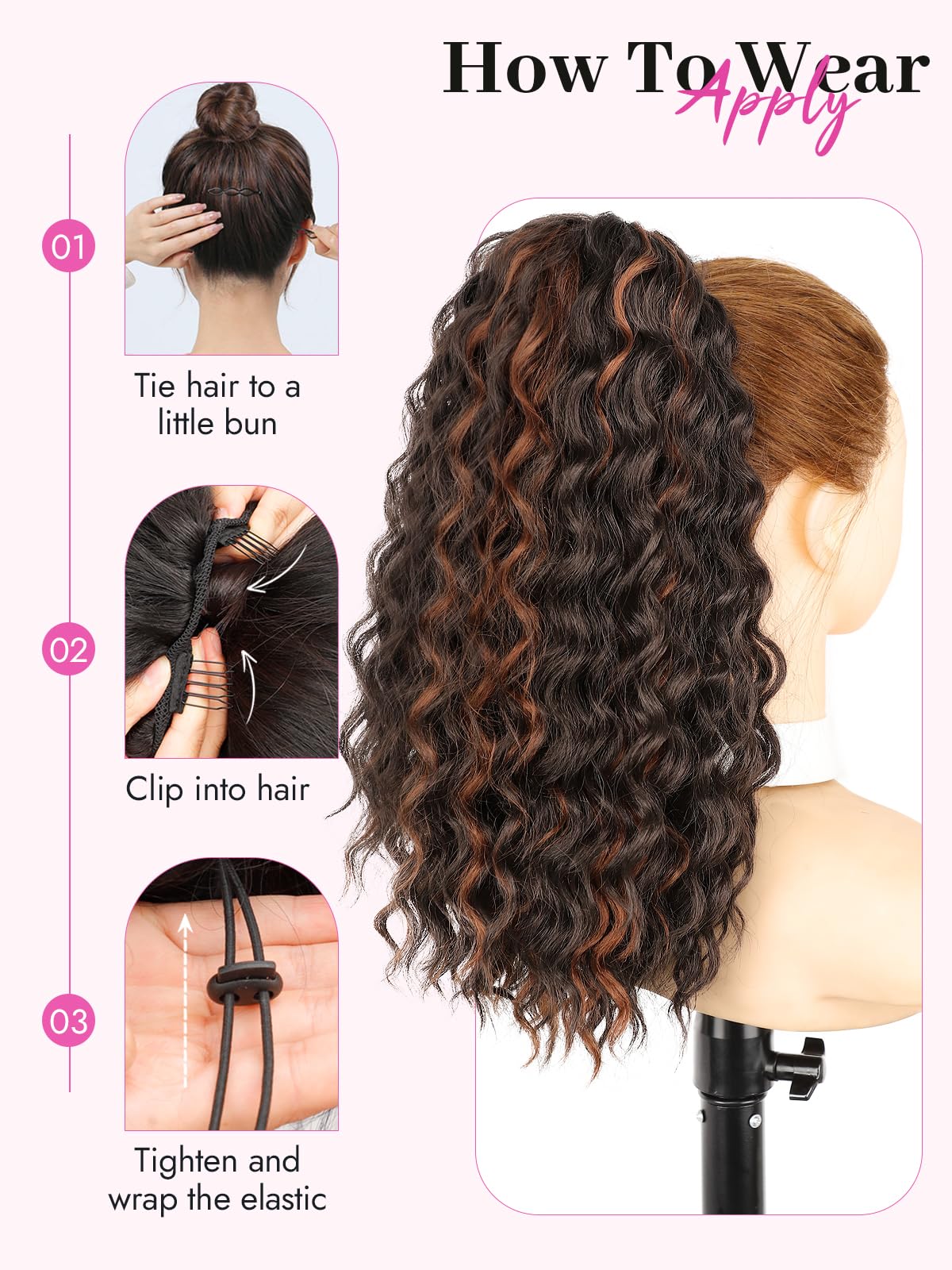 Isaic Ponytail Extension 16 Inch Long Wavy Curly Ponytails Drawstring Ponytail for Black Women Brown With Lighter Brown Highlights Pony Tails Hair Extensions Synthetic Hairpiece for Daily Use