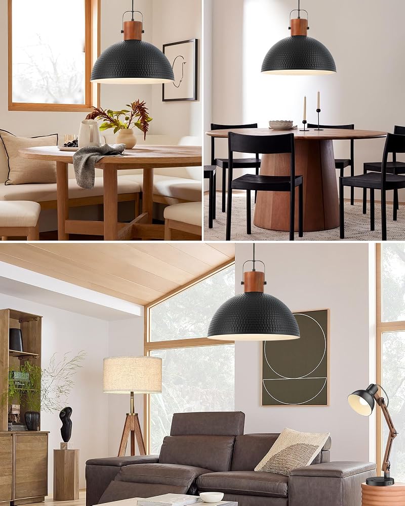 ELYONA 16 Inch Ash Wood Hammered Pendant Light - Black, 1 Pack, Dimmable Ceiling Lamp