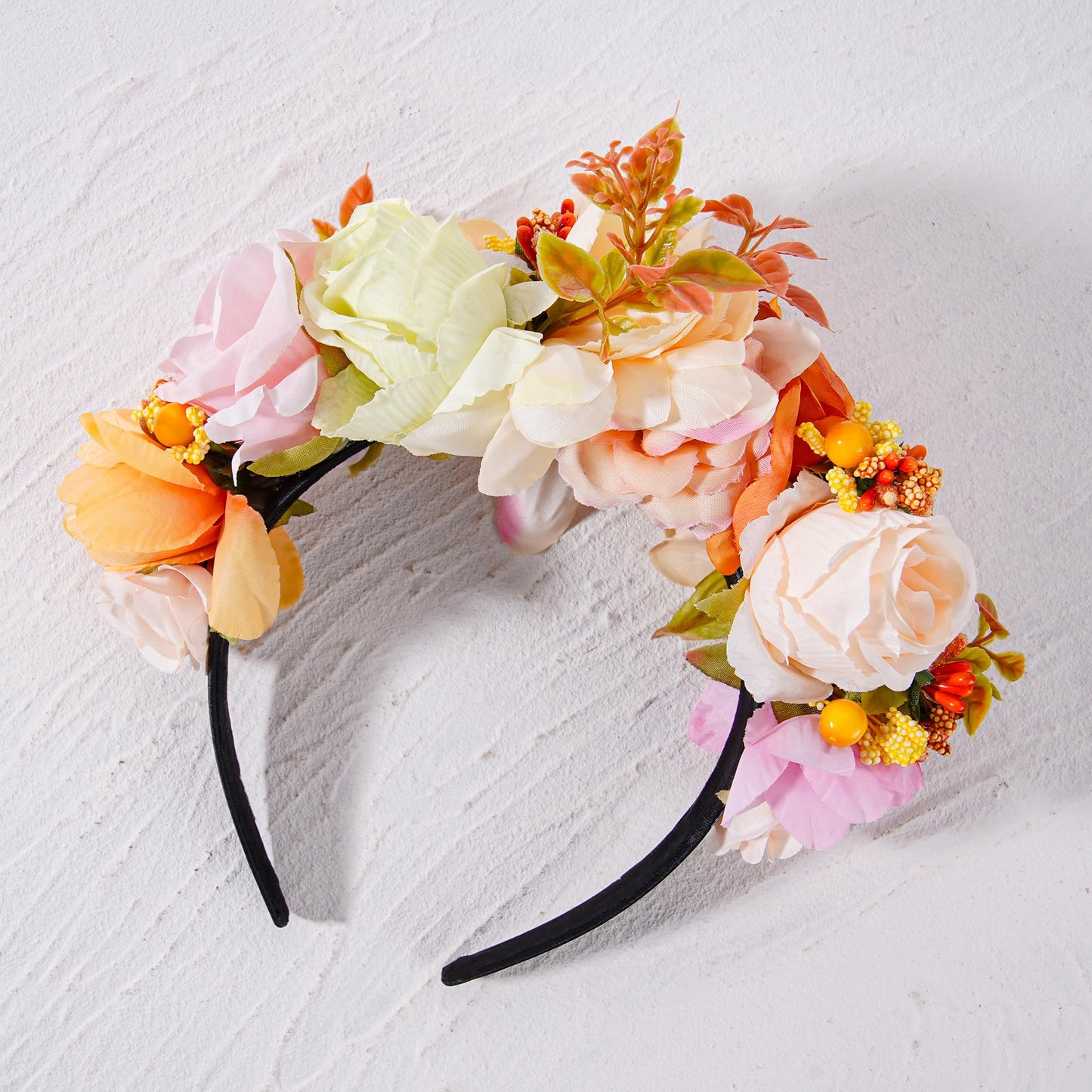 KorViSHOW Mexican Flower Crown Headband - Mexican Rose Floral Crown Headpiece Cinco De Mayo Hair Accessories for Women Girls Dia de los Muertos Costume Halloween Cosplay Fiesta Party