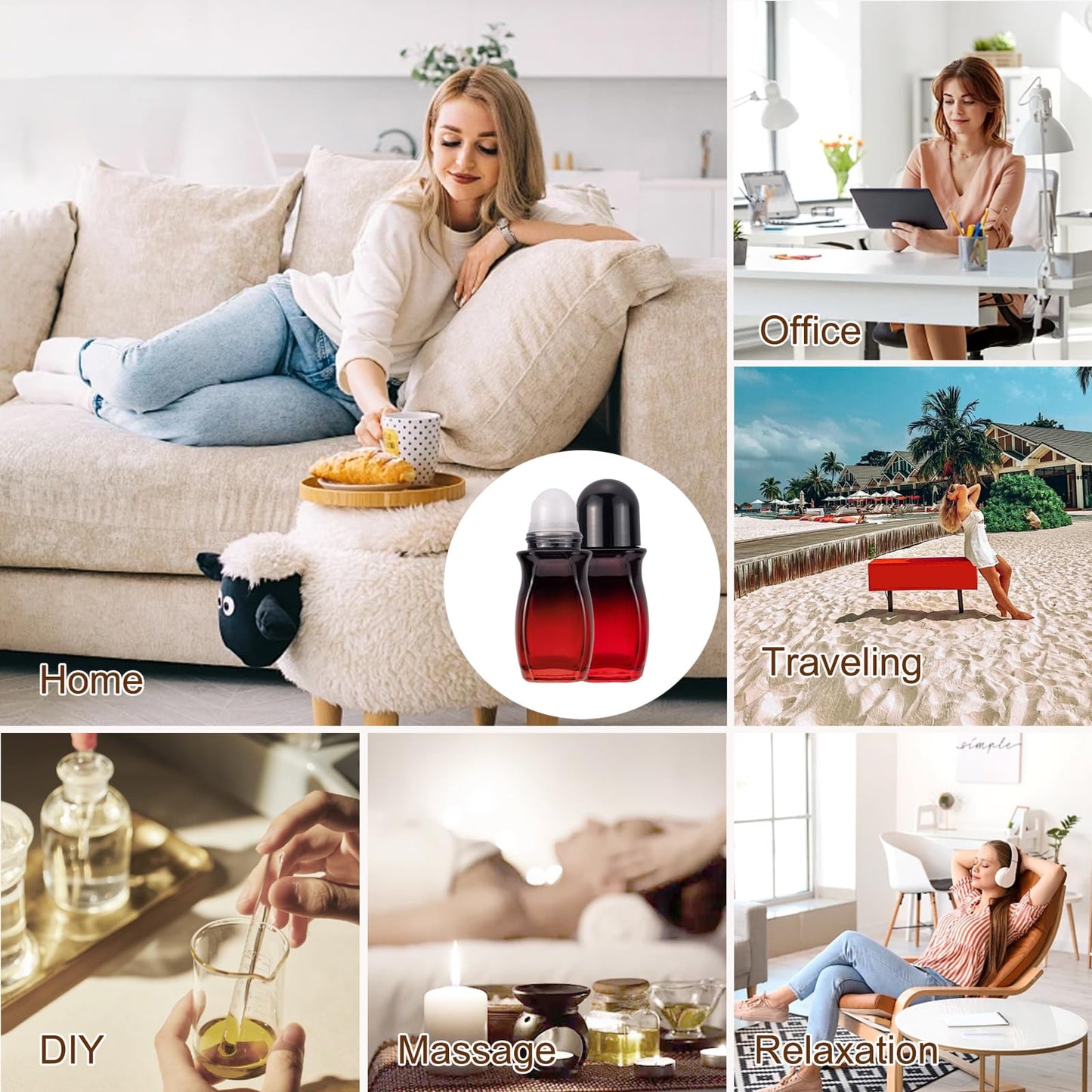 Kesell 2Pack Glass Roller Bottles 50ML Gradient Red Deodorant Bottle with Opener Refillable Glass RollerBall Deodorant Container for Essential Oils, Perfume (Black Lid)