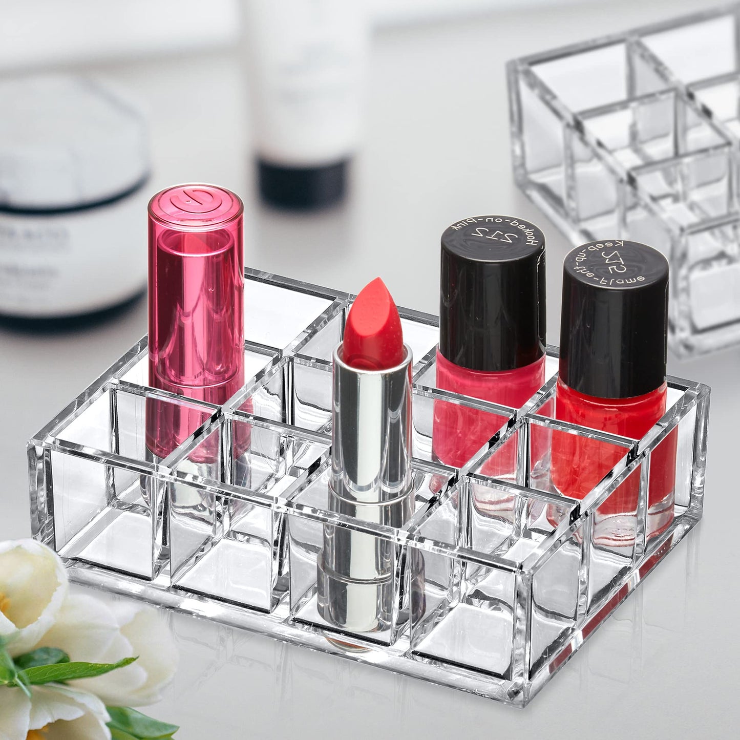 Amazing Abby - Allure - 2-Pack 12-Slot Acrylic Lipstick Organizer, Lipstick Holder, Lip Gloss Holder, Cosmetic Storage Display, Perfect Storage Solution for Drawer and Vanity (Slot Size: 1.0" x 1.0")